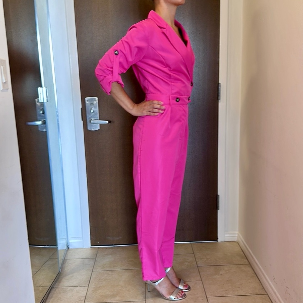 Barbie Pink Double Breasted Button Jumpsuit w/belt loops & hidden zipper - Picture 8 of 10